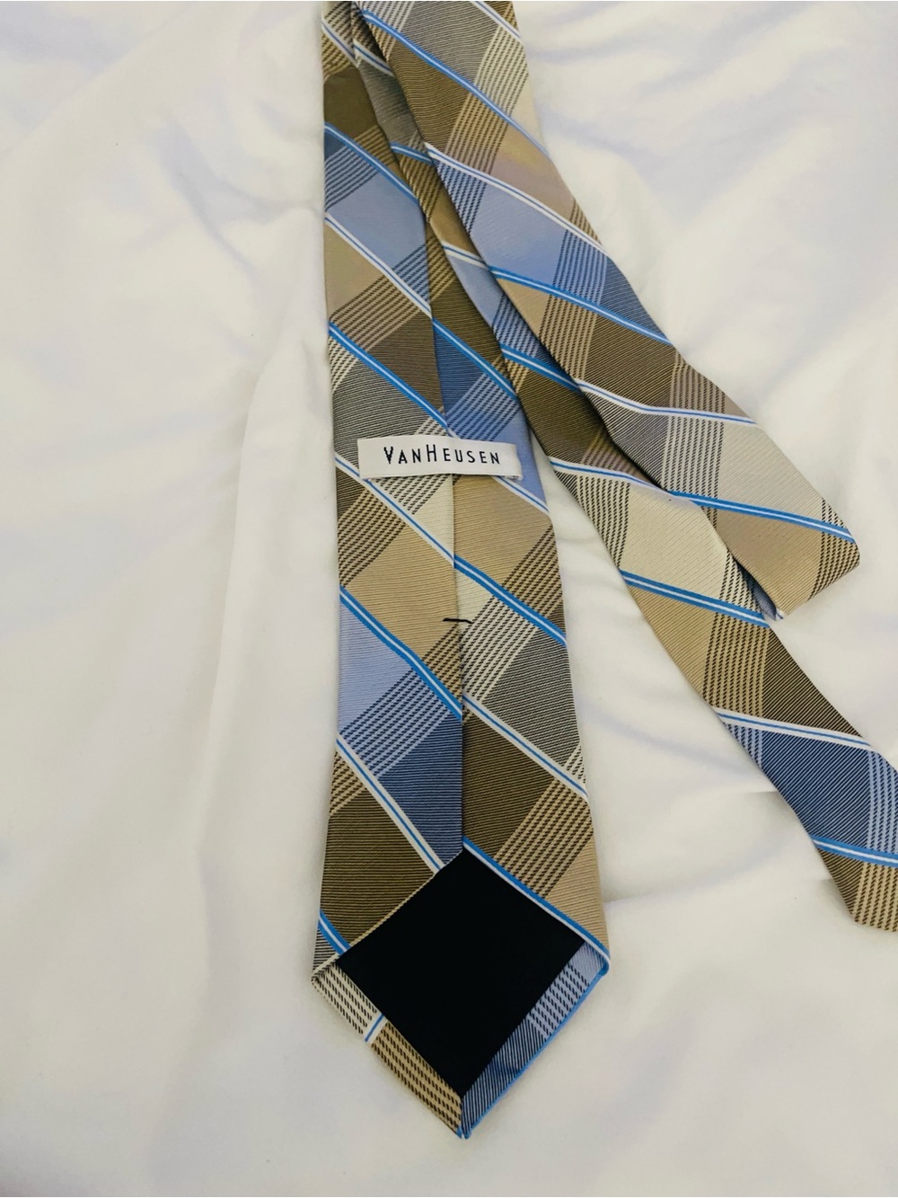 Van Heusen Blue and Tan Plaid Silk Dress Tie